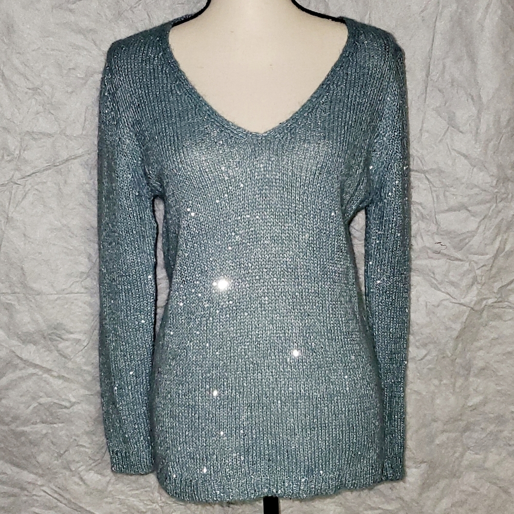 EUC Light blue sequin v-neck sweater